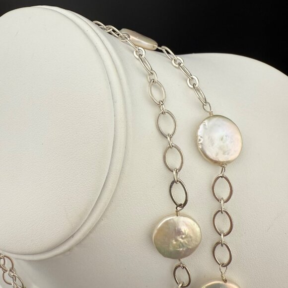 Coin Pearl Necklace Single Strand With Silver-Tone Chain Elegant - Picture 5 of 11